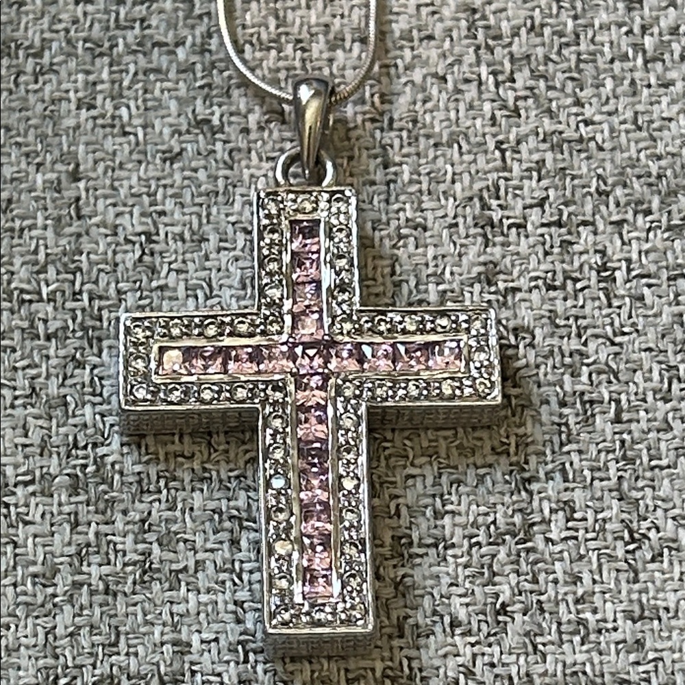 Vintage Pink and Silver Cross Necklace - Picture 11 of 17